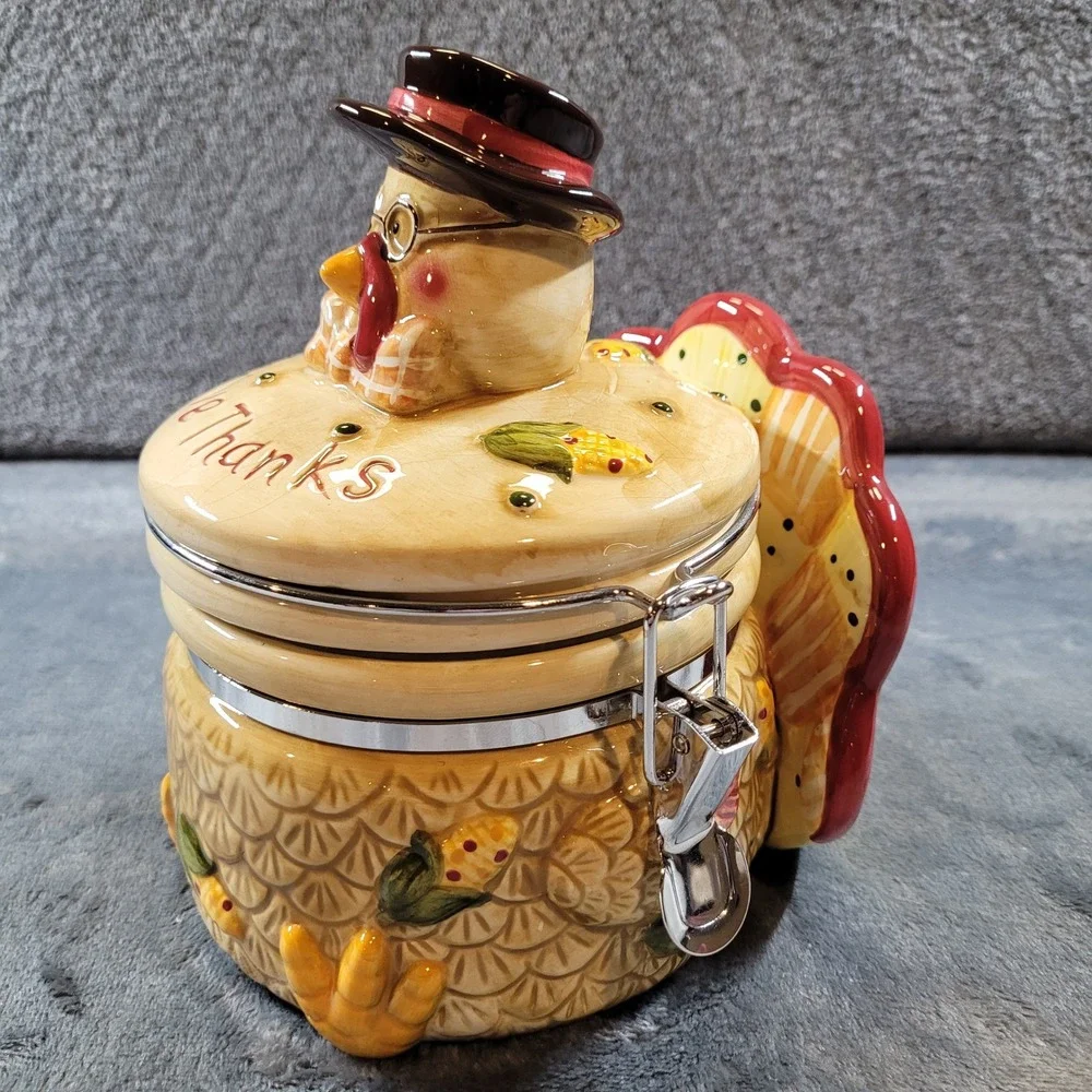 Give Thanks Ceramic Turkey Canister Thanksgiving Autumn Kitchen Jar Airtight Lid